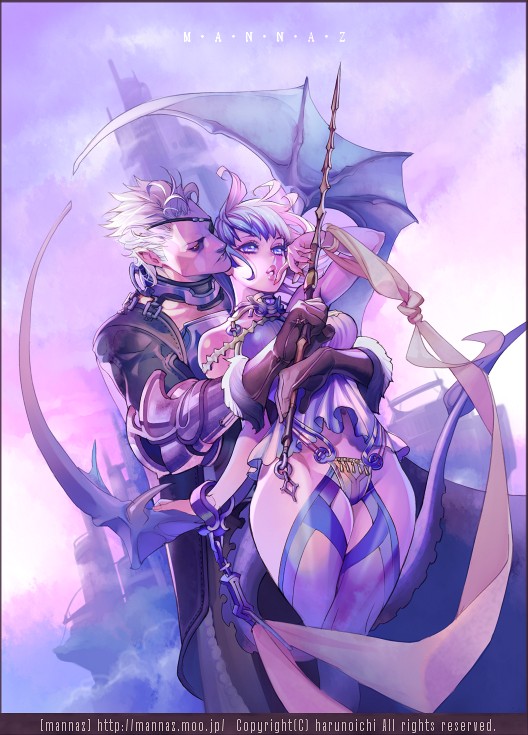 harunoichi, bad id, bad pixiv id, 1boy, 1girl, blue eyes, couple, eyepatch, hetero, hug, short hair, wings