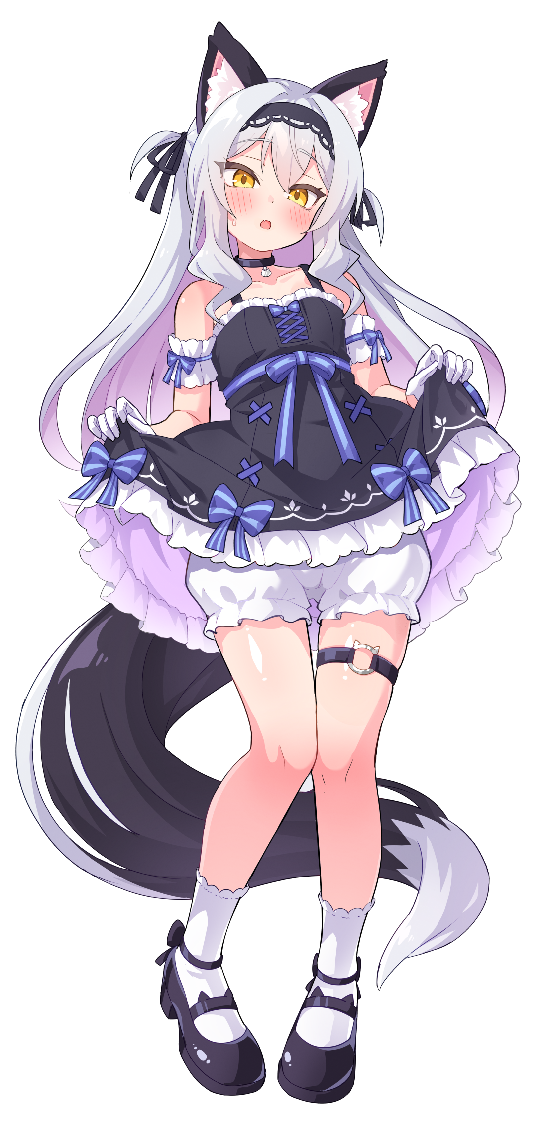 ug (nekonekodou), original, highres, 1girl, :o, animal ears, arm garter, black collar, black dress, black hairband, black shoes, bloomers, clothes lift, collar, dress, dress lift, fang, frilled dress, frills, full body, gloves, gradient hair, grey hair, hairband, half gloves, lifting own clothes, long hair, looking at viewer, mary janes, multicolored hair, parted lips, pink hair, shoes, simple background, sleeveless, sleeveless dress, socks, sweatdrop, tail, thigh strap, two side up, underwear, white arm garter, white background, white bloomers, white gloves, white socks, yellow eyes