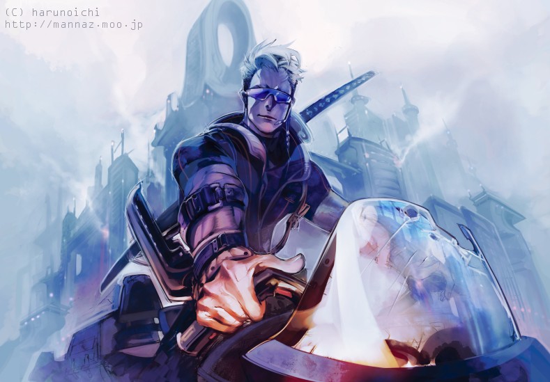 harunoichi, vehicle, bad id, bad pixiv id, 1boy, glasses, gradient background, katana, male focus, motor vehicle, motorcycle, outdoors, sky, solo, sword, weapon, white background