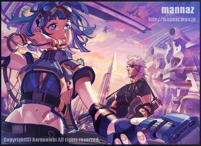 harunoichi, bad id, bad pixiv id, blue hair, eyepatch, goggles, gun, midriff, short hair, sky, weapon