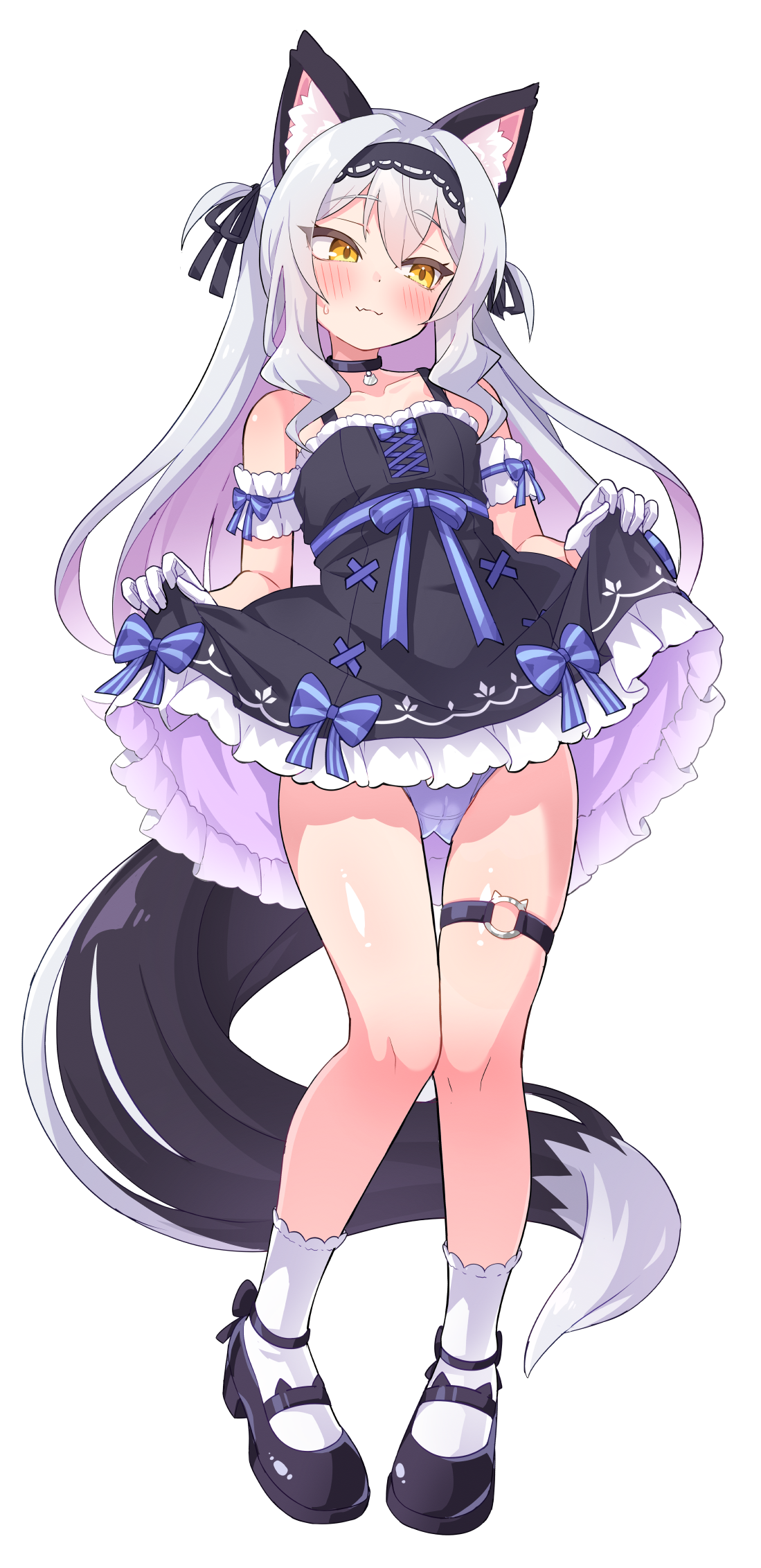 ug (nekonekodou), original, highres, 1girl, animal ears, arm garter, black collar, black dress, black hairband, black shoes, clothes lift, collar, dress, dress lift, embarrassed, fang, fang out, frilled dress, frills, full body, gloves, gradient hair, grey hair, hairband, half gloves, lifting own clothes, long hair, looking at viewer, looking to the side, mary janes, multicolored hair, panties, pink hair, purple panties, shoes, simple background, skin fang, sleeveless, sleeveless dress, smile, socks, sweatdrop, tail, thigh strap, two side up, underwear, white arm garter, white background, white gloves, white socks, yellow eyes