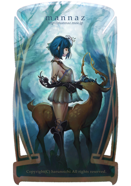 harunoichi, bad id, bad pixiv id, blue hair, boots, breasts, closed eyes, deer, dress, flower, hair flower, hair ornament, headpat, high heel boots, high heels, knee boots, no bra, no panties, see-through clothes, short dress, short hair, sideboob, solo