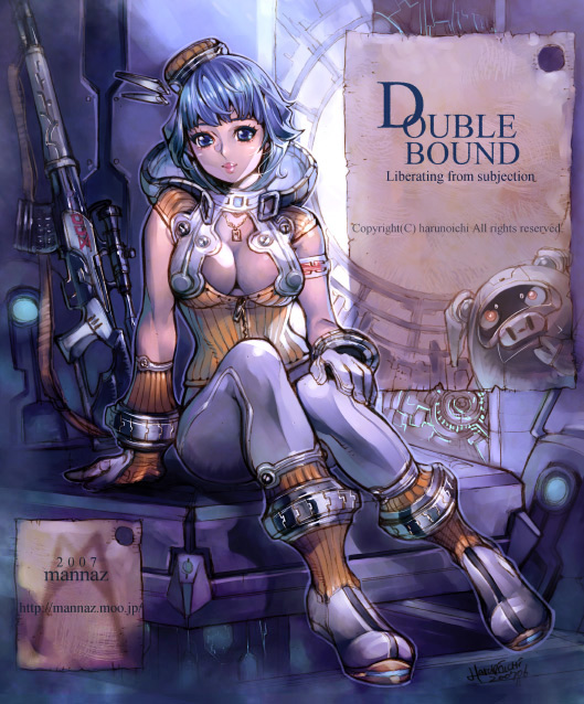 harunoichi, bad id, bad pixiv id, 1girl, blue hair, breasts, cleavage, female focus, gun, hat, large breasts, short hair, solo, weapon