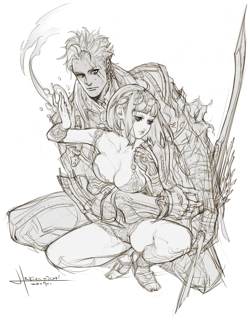 harunoichi, bad id, bad pixiv id, 1boy, 1girl, armor, breasts, cleavage, couple, greyscale, hetero, monochrome