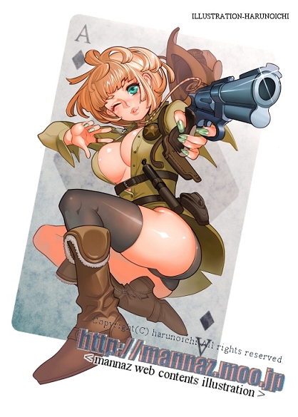 harunoichi, bad id, bad pixiv id, 1girl, blonde hair, blue eyes, breasts, cleavage, female focus, green nails, gun, large breasts, nail polish, one eye closed, short hair, solo, thighhighs, weapon, wink