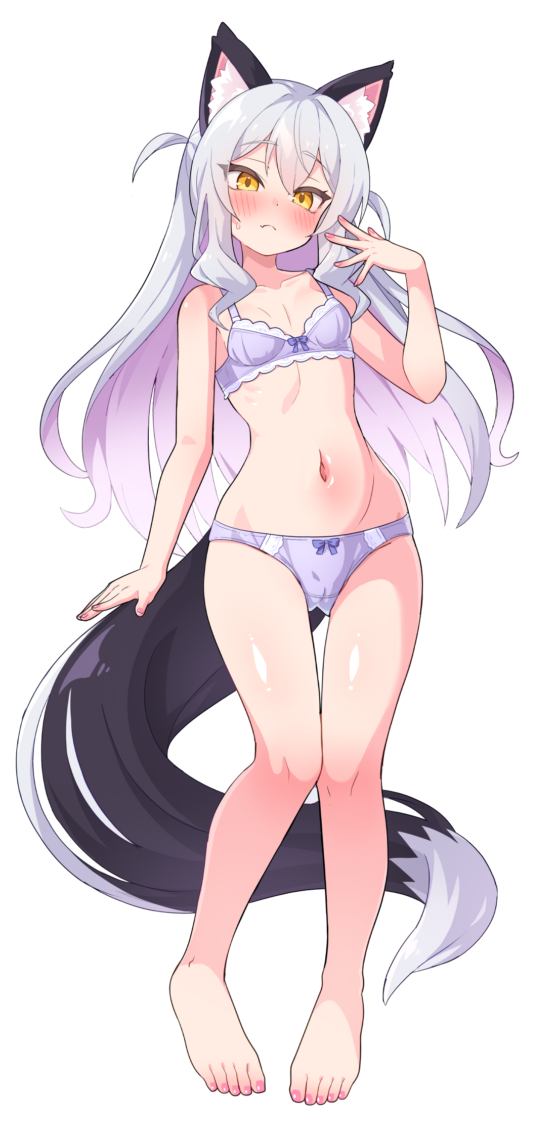ug (nekonekodou), original, highres, 1girl, animal ears, barefoot, blush, bottomless, bra, breasts, camisole, embarrassed, fang, fang out, gradient hair, grey hair, long hair, looking at viewer, multicolored hair, navel, nose blush, panties, pink hair, purple bra, purple panties, pussy, simple background, skin fang, small breasts, stomach, sweatdrop, tail, two-tone hair, two side up, underwear, underwear only, white background, white camisole, yellow eyes