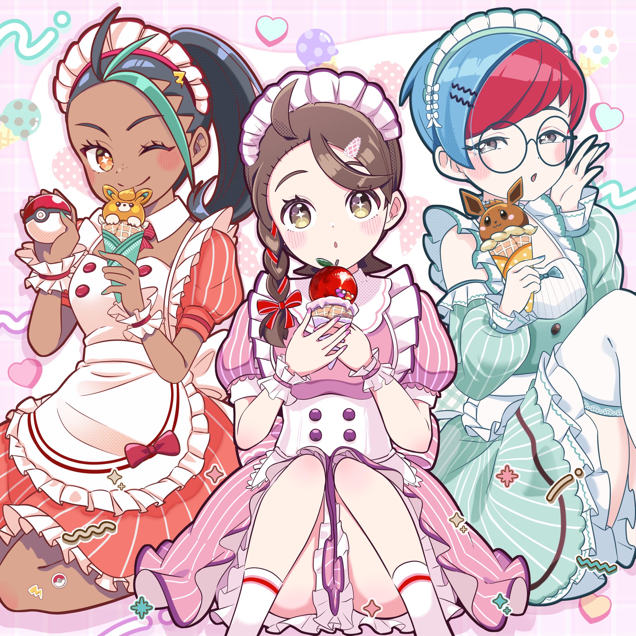 gyakutenndokei2, eevee, juliana (pokemon), nemona (pokemon), pawmot, penny (pokemon), nintendo, pokemon, pokemon sv, highres, 3girls, :o, alternate costume, apple, apron, aqua dress, black hair, blush, character-themed food, dark-skinned female, dark skin, detached collar, detached sleeves, dress, enmaided, food, freckles, frilled apron, frilled wrist cuffs, frills, fruit, full body, gen 1 pokemon, glasses, green hair, green nails, hair ornament, hairclip, hand up, hands up, heart, holding, holding ice cream cone, holding poke ball, ice cream, ice cream cone, kneeling, knees up, looking at viewer, maid, maid apron, maid headdress, multicolored hair, multiple girls, nail polish, one eye closed, orange dress, parted lips, pink dress, pink nails, poke ball, poke ball (basic), ponytail, puffy short sleeves, puffy sleeves, round eyewear, short sleeves, sitting, smile, sparkling eyes, streaked hair, thighhighs, two-tone hair, waitress, white thighhighs, wrist cuffs