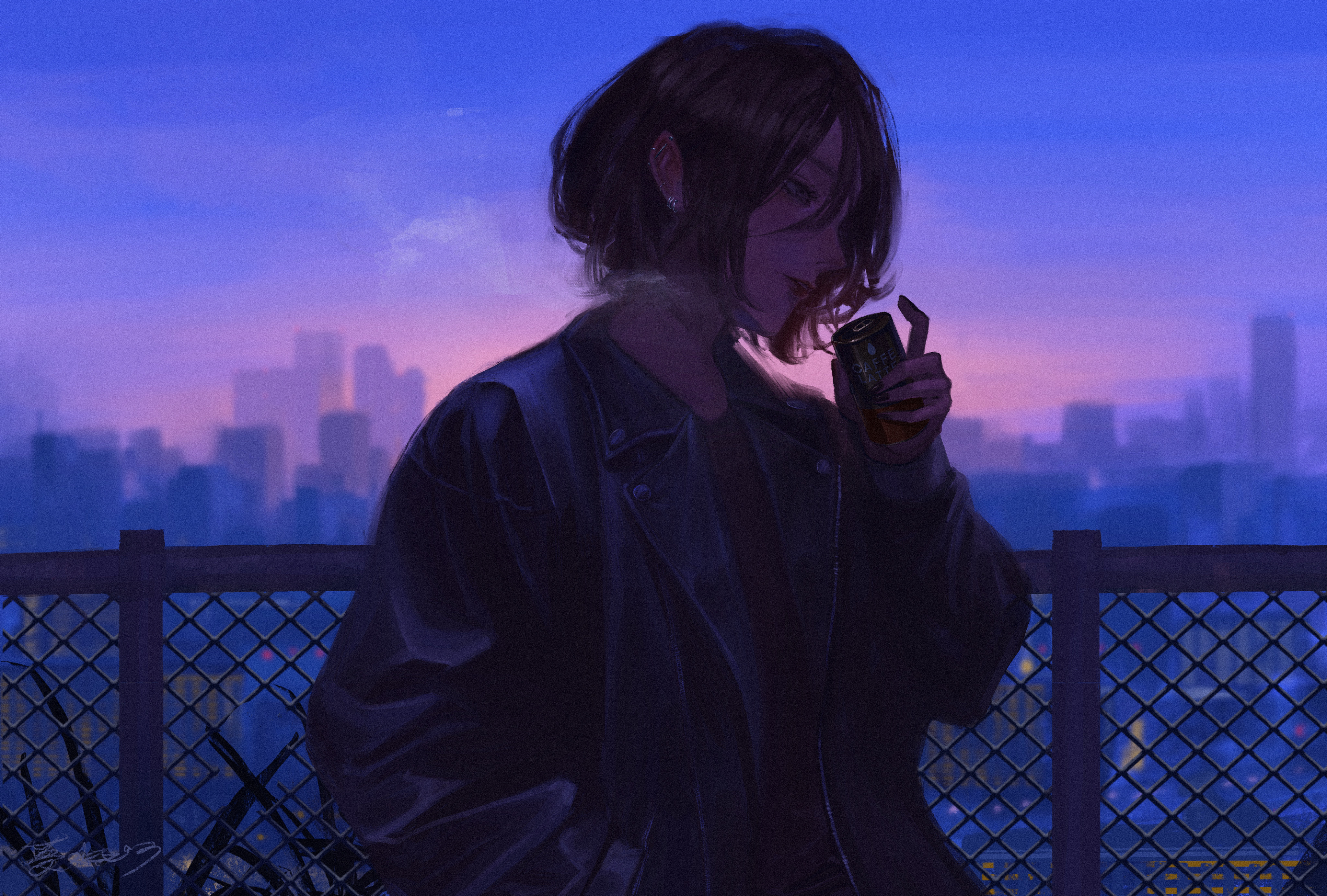 doloyume, original, absurdres, highres, 1girl, brown eyes, brown hair, can, city, drink can, ear piercing, fence, impasto, jacket, leather, leather jacket, looking ahead, piercing, short hair, solo, steam, sunrise