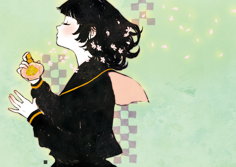 sakamoto himemi, original, bad id, bad pixiv id, 1girl, black hair, blush, bottle, closed eyes, female focus, flower, perfume bottle, school uniform, serafuku, solo