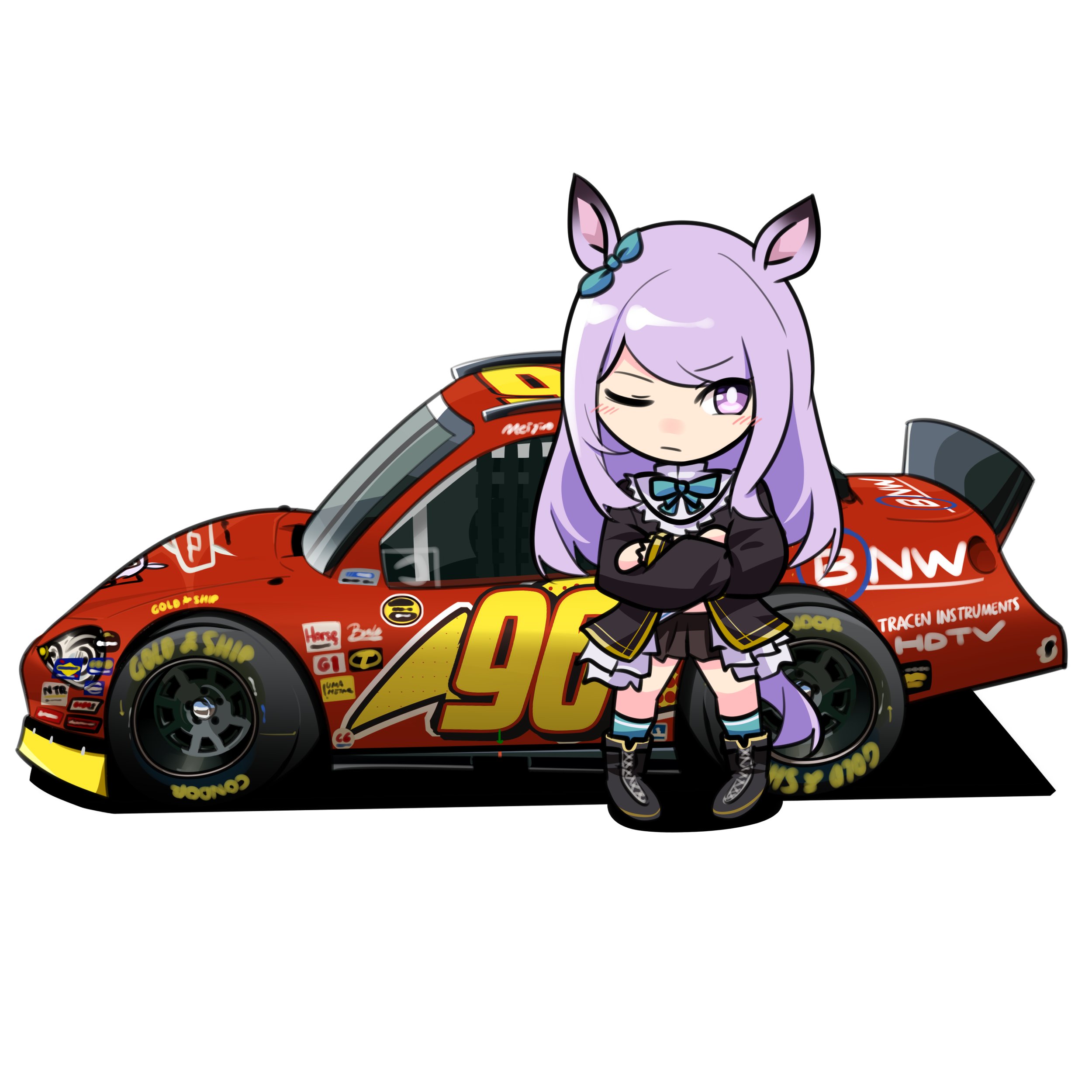 holeecrab, lightning mcqueen, mejiro mcqueen (umamusume), cars (movie), umamusume, absurdres, highres, animal ears, aqua bow, black boots, boots, bow, crossed arms, ear bow, ear ribbon, frilled jacket, frills, full body, horse ears, horse girl, horse tail, horseshoe ornament, jacket, long sleeves, purple eyes, purple hair, purple shirt, shirt, simple background, sponsor, swept bangs, tail, white background