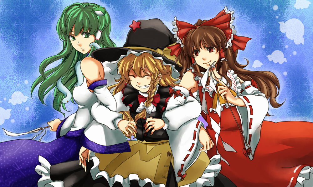 nugaa, hakurei reimu, kirisame marisa, kochiya sanae, touhou, undefined fantastic object, bad id, bad pixiv id, 3girls, blonde hair, bow, braid, brown hair, detached sleeves, female focus, green eyes, green hair, grin, hair bow, hair ornament, hat, multiple girls, smile