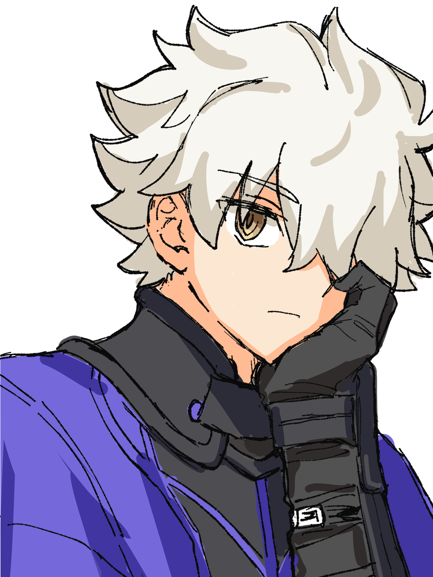 chickenuma 0, galahad (fate), fate/grand order, fate (series), commentary request, highres, 1boy, armor, black armor, brown eyes, capelet, closed mouth, gauntlets, grey background, head rest, knight, male focus, purple capelet, short hair, simple background, solo, white hair
