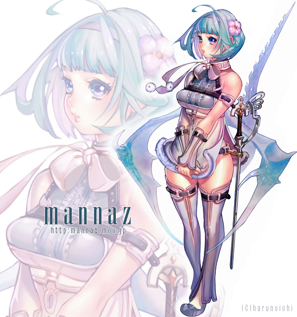harunoichi, original, bad id, bad pixiv id, ahoge, blue eyes, blue hair, flower, hair flower, hair ornament, headband, ribbon, short hair, solo, thighhighs, wings