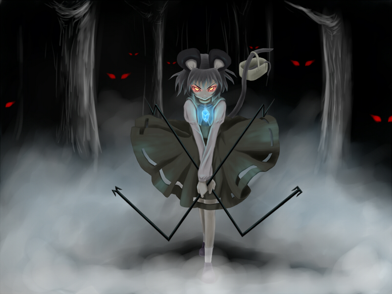 wuliao555, nazrin, touhou, bad id, bad pixiv id, 1girl, animal ears, basket, female focus, full body, glowing, glowing eyes, grey hair, mouse ears, mouse tail, outdoors, red eyes, short hair, solo, standing, tail, tree