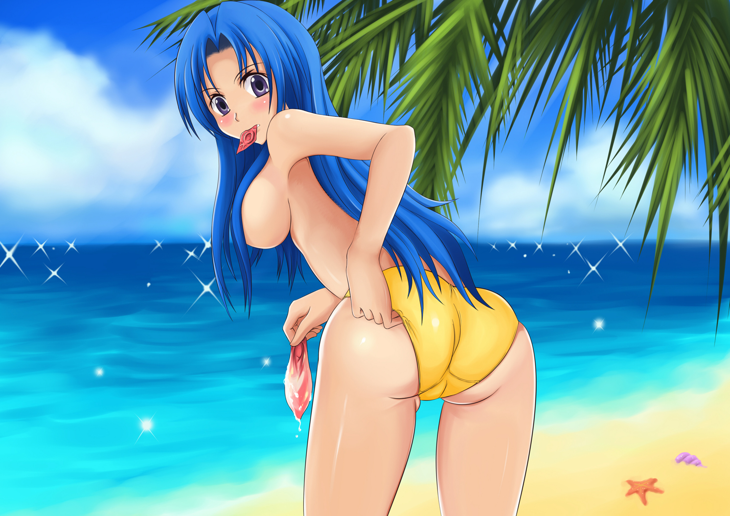 yuki (clydtc), kawashima ami, toradora!, 00s, 1girl, adjusting clothes, adjusting swimsuit, ass, beach, bikini, blue hair, breasts, censored, condom, condom in mouth, convenient censoring, cum, day, female focus, hair censor, hair over breasts, large breasts, long hair, mouth hold, ocean, outdoors, solo, swimsuit, topless female, underboob, used condom, yellow bikini