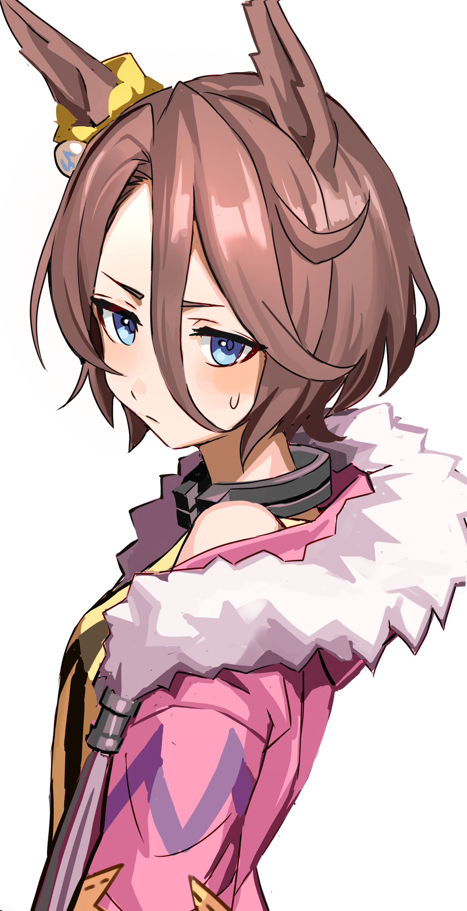 franz2543, narita taishin (nevertheless) (umamusume), narita taishin (umamusume), umamusume, absurdres, commentary, highres, revision, 1girl, animal ears, blue eyes, fur-trimmed jacket, fur trim, hair between eyes, hood, hooded jacket, horse ears, horse girl, jacket, looking at viewer, pink jacket, shirt, simple background, solo, upper body, white background, yellow shirt