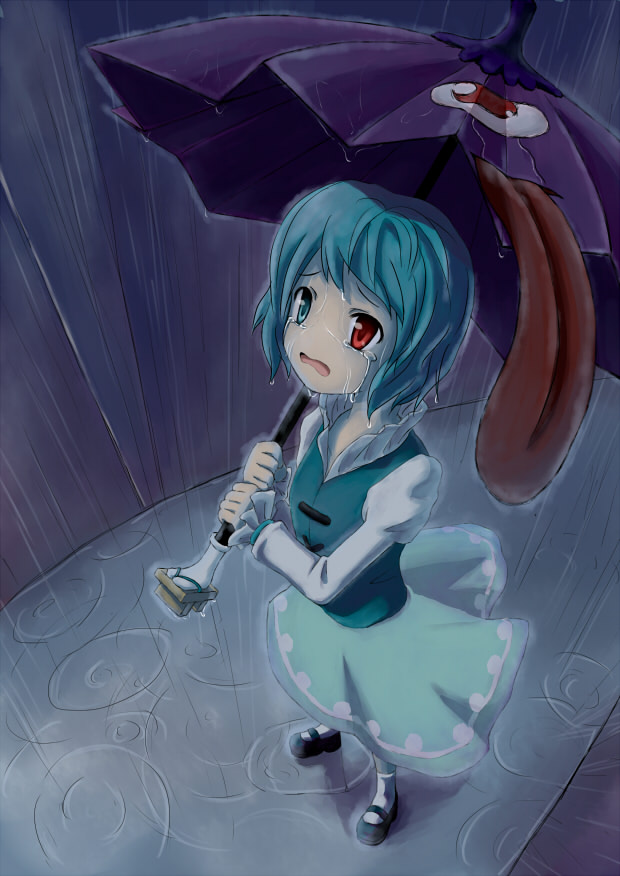 wuliao555, tatara kogasa, touhou, bad id, bad pixiv id, 1girl, blue eyes, blue hair, crying, crying with eyes open, female focus, geta, heterochromia, karakasa obake, rain, red eyes, short hair, solo, tears, tongue, umbrella