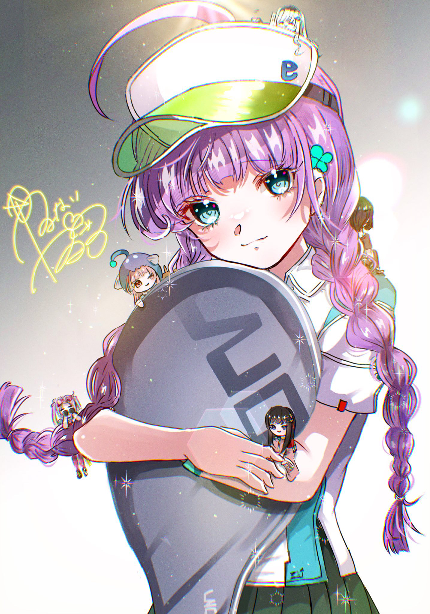 goslingwallows, date akari, ishii iroha, mikoto fubuki, mizuhara aina, murohushi risa, nikaidou misato, heaven burns red, highres, 5girls, 6+girls, ahoge, aqua eyes, black hair, blue eyes, blush, braid, chibi, clover hair ornament, green skirt, hair ornament, holding, hugging object, long hair, looking at viewer, mini person, minigirl, multiple girls, one eye closed, pillow, pillow hug, pink hair, pleated skirt, purple hair, shirt, skirt, smile, solo focus, sportswear, tennis uniform, twin braids, visor cap