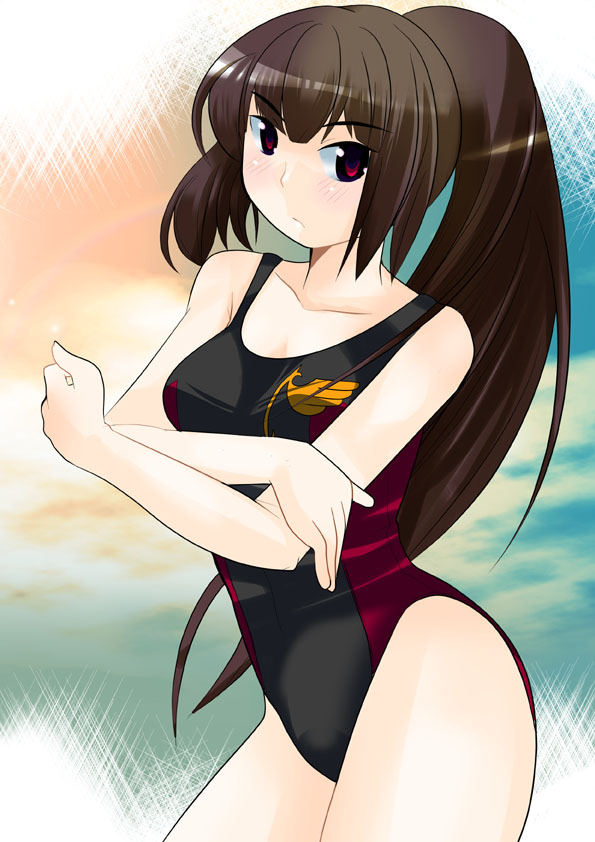 ichi (ichiko), ichi koichi, ichiko (ichi), belphegor (umineko), umineko no naku koro ni, bad id, bad pixiv id, 00s, 1girl, brown hair, competition swimsuit, female focus, long hair, one-piece swimsuit, ponytail, red eyes, solo, swimsuit