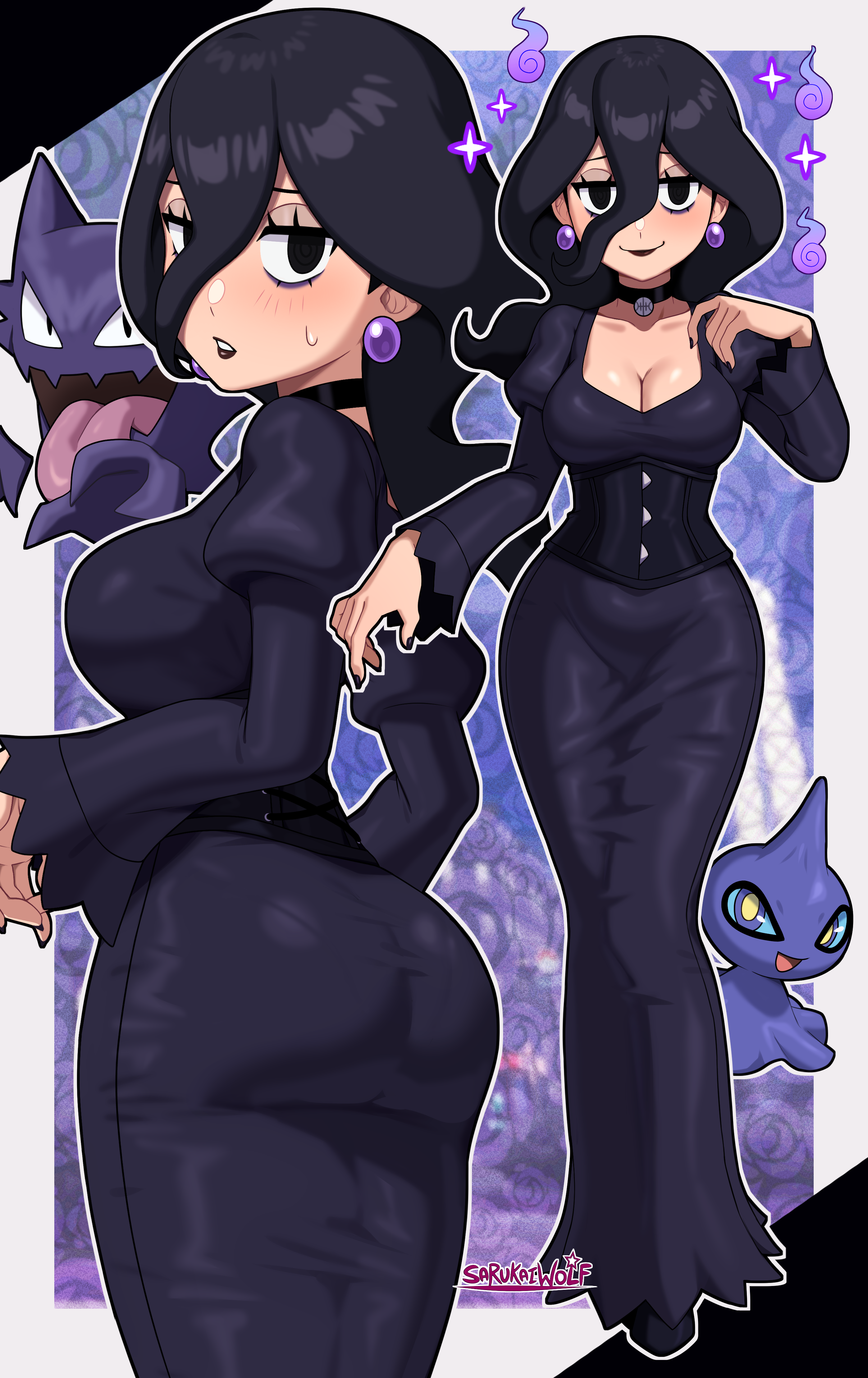 sarukaiwolf, haunter, hex maniac (pokemon), hex maniac (pokemon xy), shuppet, nintendo, pokemon, pokemon legends: z-a, 1girl, ass, black dress, black eyes, black hair, black lips, border, breasts, choker, cleavage, closed mouth, corset, cowboy shot, dress, earrings, from behind, full body, gen 1 pokemon, gen 3 pokemon, grey border, hair between eyes, jewelry, long hair, long sleeves, looking at viewer, looking back, medium breasts, multiple views, outline, pokemon (creature), purple dress, smile, standing, white outline