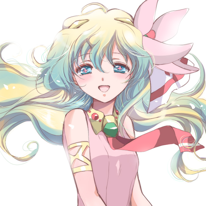 akina tsukako, nia teppelin, tengen toppa gurren lagann, + +, 00s, armband, armlet, blue eyes, blush, cross-shaped pupils, dress, flower, hair flower, hair ornament, jewelry, long hair, multicolored hair, pink dress, portrait, simple background, smile, solo, symbol-shaped pupils