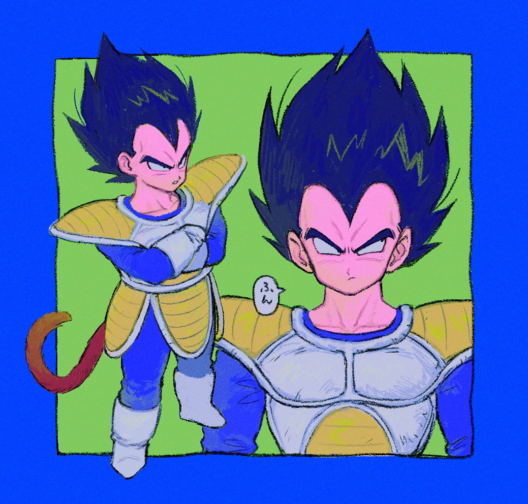 chimachimadb, vegeta, dragon ball, dragonball z, 1boy, armor, black hair, blue border, boots, border, brown tail, full body, gloves, green background, male focus, medium hair, monkey tail, multiple views, saiyan armor, simple background, spiked hair, tail, upper body, white armor, white boots, white gloves
