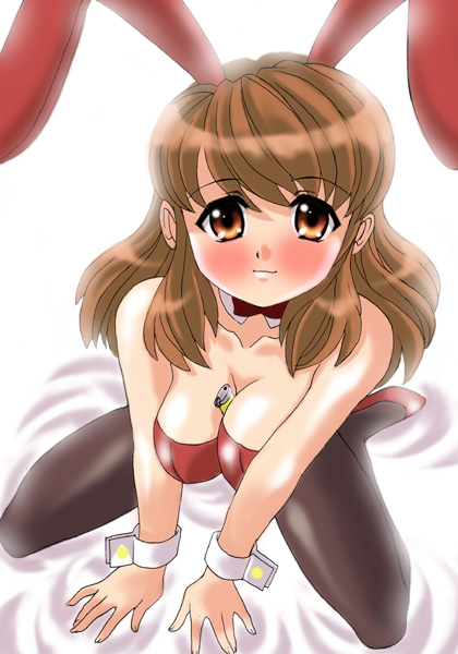 ranpu, asahina mikuru, suzumiya haruhi no yuuutsu, 00s, 1girl, animal ears, between breasts, black pantyhose, blush, breasts, brown eyes, brown hair, fake animal ears, female focus, kneeling, large breasts, lighter, long hair, pantyhose, playboy bunny, rabbit ears, solo