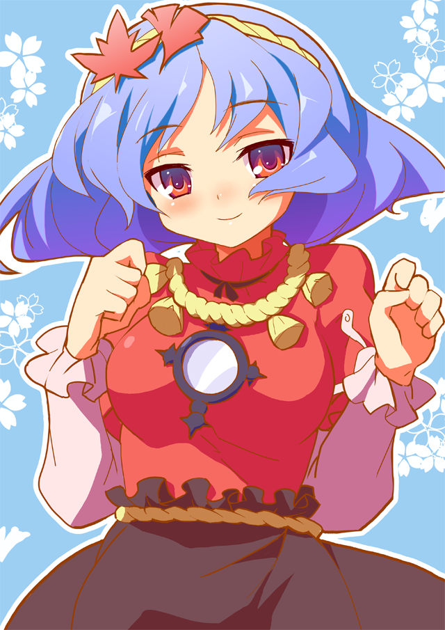 9law, yasaka kanako, touhou, bad id, bad pixiv id, 1girl, blush, female focus, hair ornament, leaf, leaf hair ornament, light smile, mirror, purple hair, red eyes, rope, short hair, smile, solo