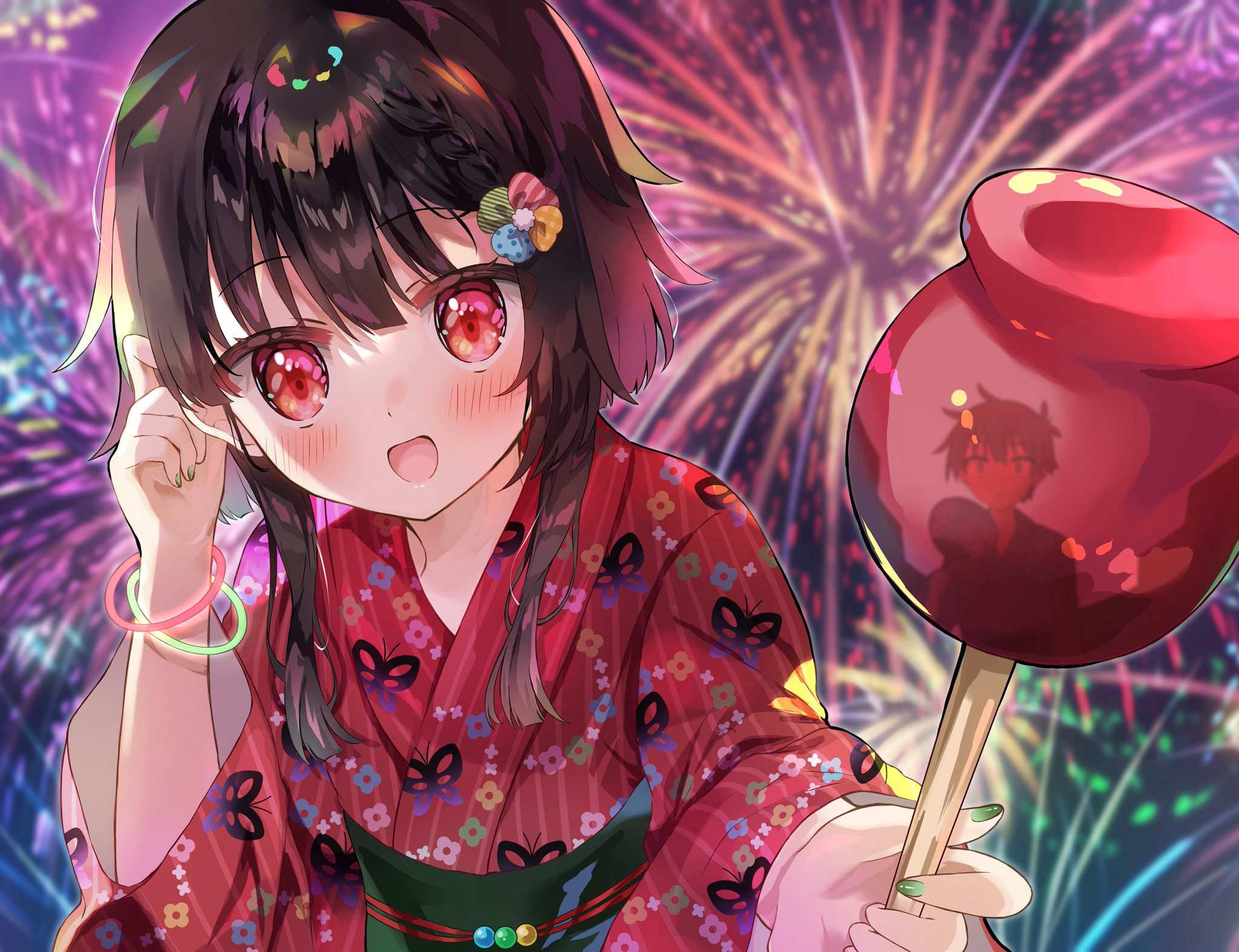 yuno (suke yuno), megumin, satou kazuma, kono subarashii sekai ni shukufuku wo!, commentary, highres, third-party edit, 1girl, :d, aerial fireworks, alternate costume, alternate hairstyle, backlighting, blunt bangs, blunt ends, blurry, blurry background, blush, bracelet, braid, candy apple, dating, eyes visible through hair, festival, fireworks, floral print, floral print kimono, food, green nails, green sash, hand fan, hands up, happy, holding, holding candy apple, holding fan, holding food, japanese clothes, jewelry, kimono, long sleeves, looking at viewer, multiple bracelets, nail polish, night, no headwear, open mouth, outdoors, pov, print kimono, red eyes, red kimono, reflection, sash, short hair with long locks, side braid, single braid, smile, solo, upper body, wide sleeves, yukata