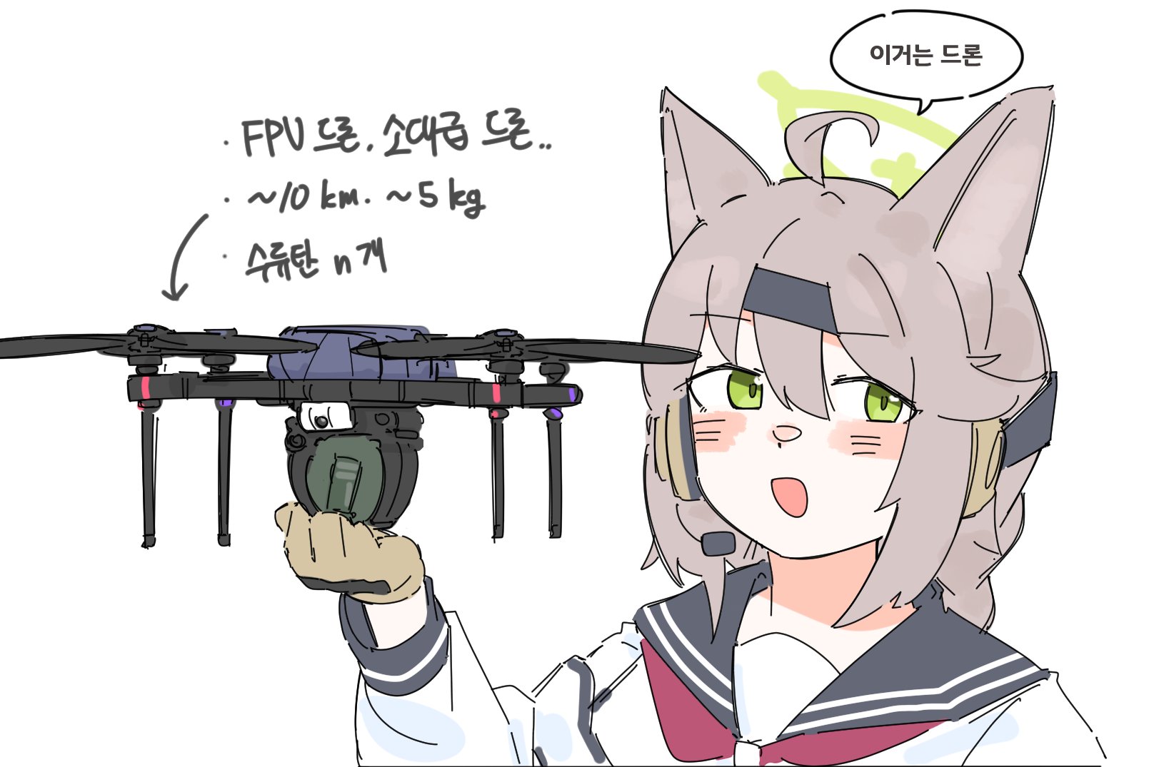 flukhan, otogi (blue archive), blue archive, commentary request, highres, korean commentary, 1girl, ahoge, animal ears, behind-the-head headphones, black sailor collar, brown gloves, drone, fox ears, fox girl, gloves, green eyes, green halo, grey hair, halo, headphones, headset, korean text, long hair, long sleeves, neckerchief, open mouth, red neckerchief, russo-ukrainian war, sailor collar, school uniform, serafuku, shirt, simple background, solo, unmanned aerial vehicle, white background, white shirt