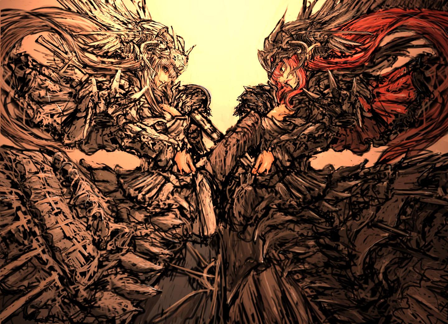 moto murabito, traditional media, 2girls, armor, dress, multiple girls, red hair, siblings, sisters, twins, white hair