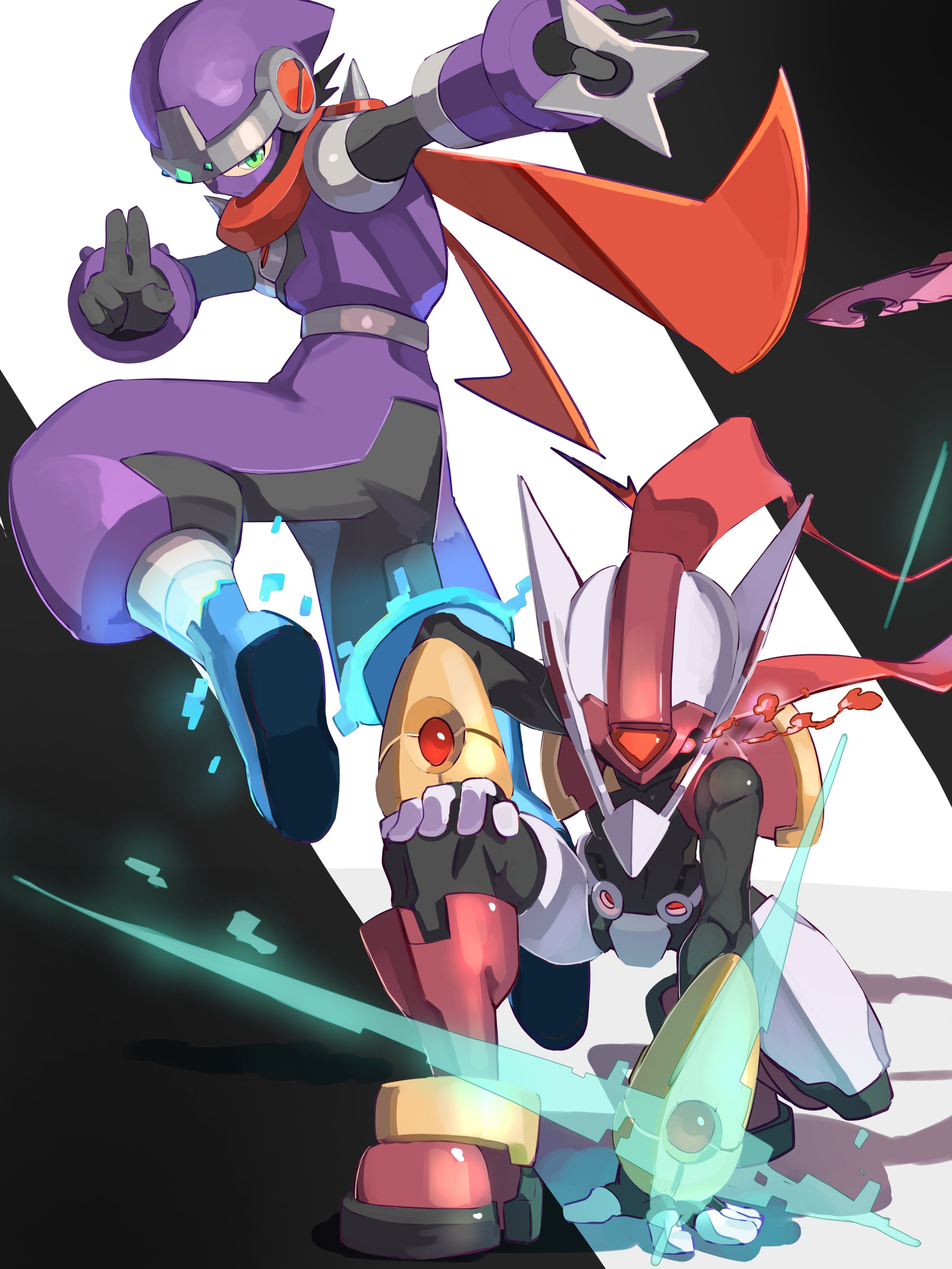 omochi (mochi skymega), model p (mega man), siarnaq (mega man), mega man (series), mega man battle network (series), mega man zx, mega man zx advent, absurdres, highres, 2boys, armor, black background, double soul (mega man), forehead jewel, full body, helmet, in-franchise crossover, kuji-in, male focus, multiple boys, ninja, pants, purple armor, purple helmet, purple pants, purple shirt, red scarf, scarf, shadowman.exe, shirt, shuriken, simple background, weapon, white background