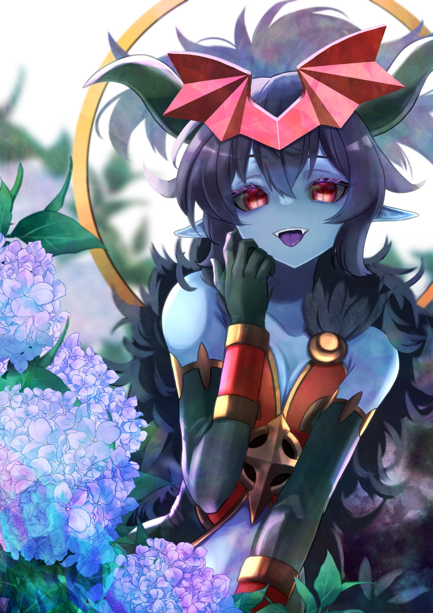 mephisto pheles (shinrabanshou), shinrabanshou, highres, 1girl, bare shoulders, black fur, black gloves, black horns, black sclera, black wings, blue skin, breasts, colored sclera, colored skin, colored tongue, demon girl, demon horns, elbow gloves, fur trim, gloves, horns, looking at viewer, navel, open mouth, pointy ears, purple tongue, red eyes, red wings, sharp teeth, short hair, small breasts, smile, solo, teeth, tongue, wings, zero pheles