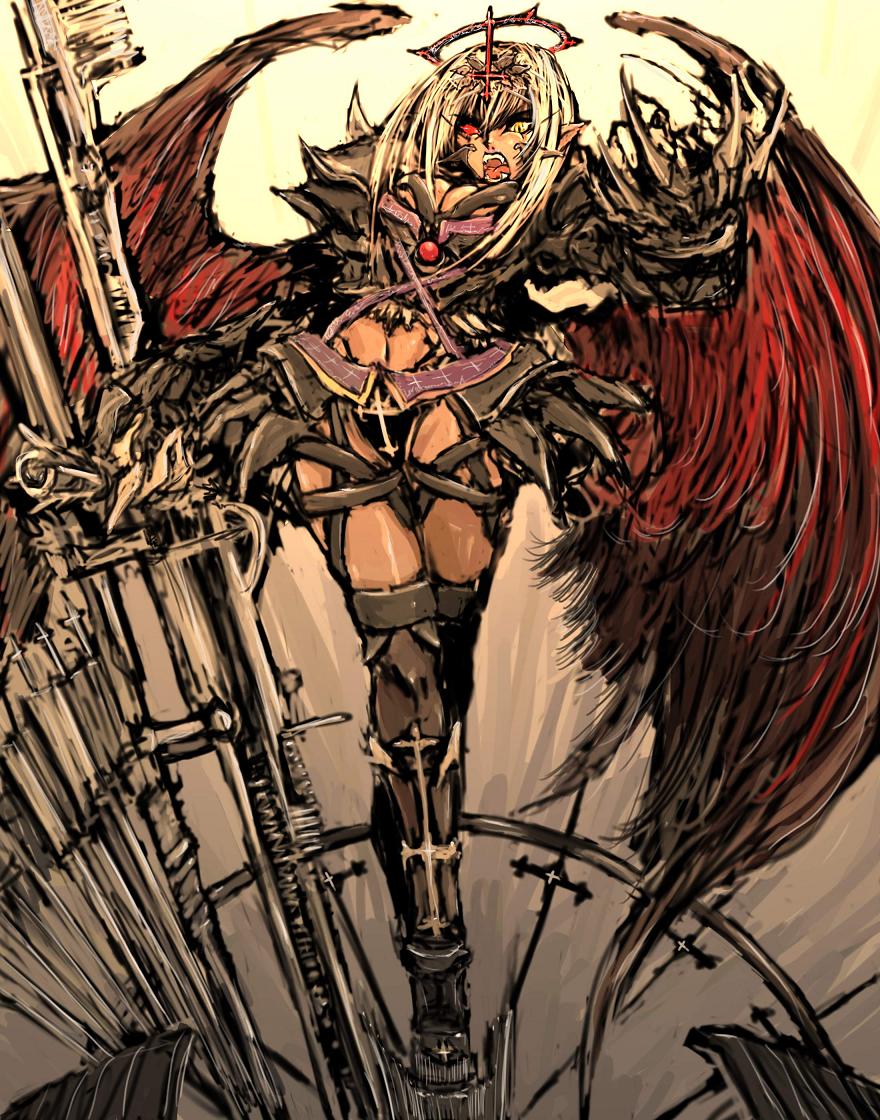 moto murabito, traditional media, armor, claws, cross, fang, fangs, heterochromia, pointy ears, red eyes, solo, sword, weapon, wings, yellow eyes