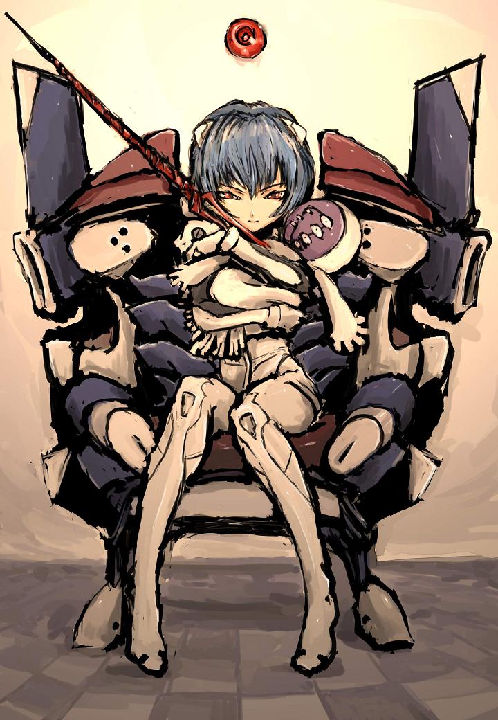 moto murabito, adam (evangelion), ayanami rei, lilith (ayanami rei), lilith (evangelion), neon genesis evangelion, bad id, bad pixiv id, traditional media, 1girl, baby, female focus, indoors, jumpsuit, lance of longinus (evangelion), looking at viewer, mecha pilot suit, plugsuit (evangelion), polearm, sitting, solo, weapon