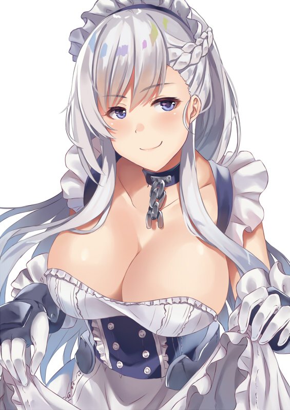 hack waltz, belfast (azur lane), azur lane, commentary, english commentary, 1girl, black collar, blue eyes, braid, breasts, broken, broken chain, chain, cleavage, closed mouth, collar, collarbone, dress, gloves, large breasts, long hair, looking at viewer, maid, maid headdress, simple background, skirt hold, smile, solo, swept bangs, upper body, white background, white dress, white gloves, white hair