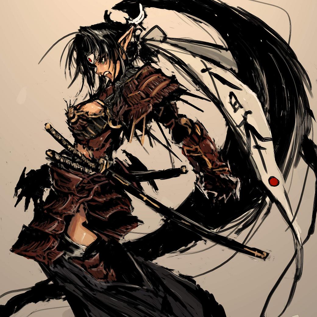 moto murabito, traditional media, 1girl, angry, armor, black hair, female focus, headband, japanese armor, katana, kote, kusazuri, long hair, naked armor, pointy ears, ponytail, rising sun flag, samurai, sheath, sheathed, shoulder armor, sode, solo, sunburst, sword, very long hair, weapon