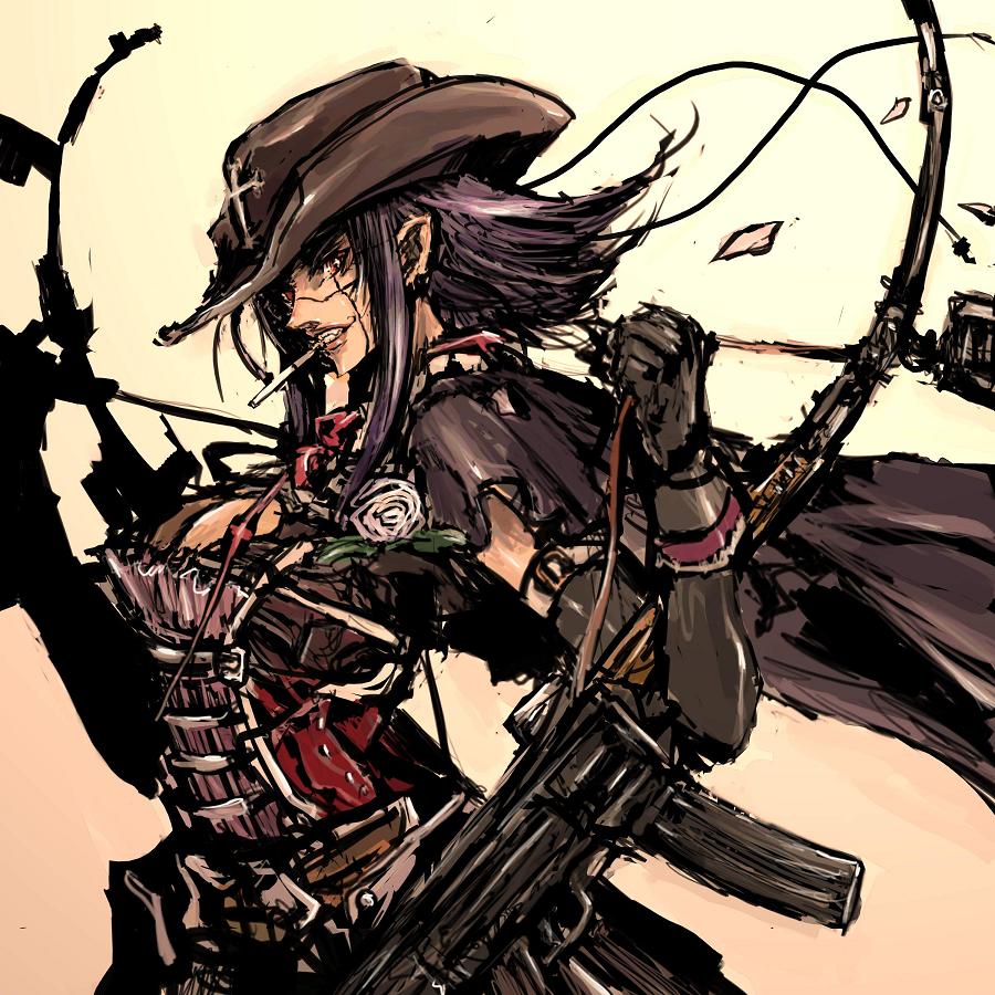 moto murabito, traditional media, armor, cigarette, cloak, cowboy hat, cowboy western, elbow gloves, gloves, gun, hat, pointy ears, purple hair, rifle, solo, weapon