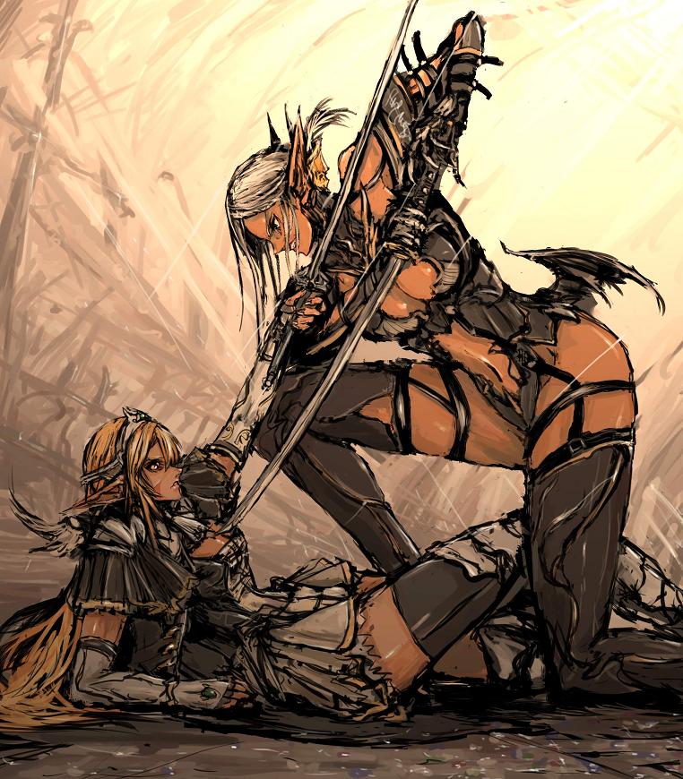 moto murabito, traditional media, 2girls, armor, battle, elbow gloves, elf, gloves, lying, multiple girls, pointy ears, skirt, sword, thighhighs, weapon, wings