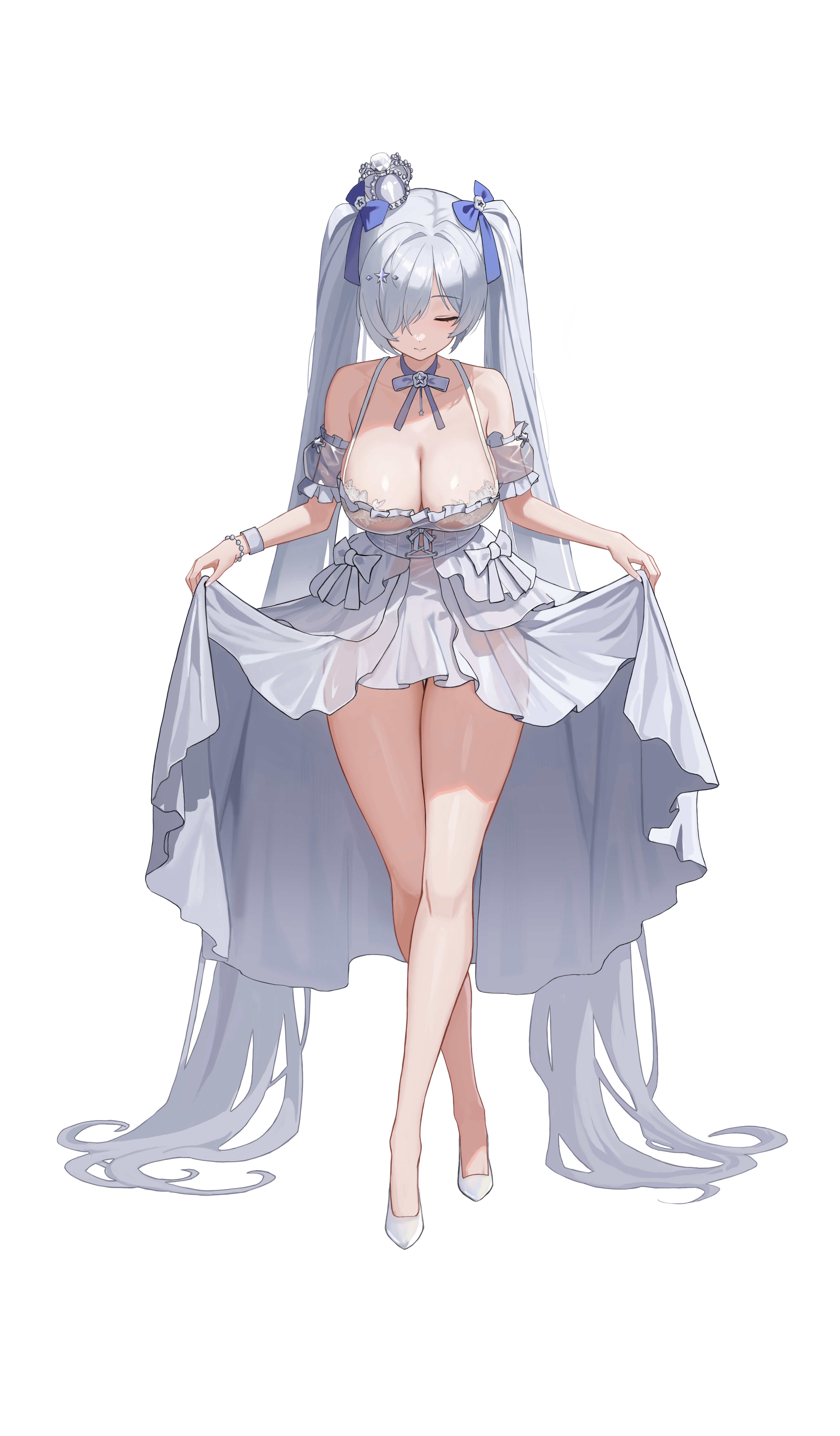 cinderella (glass princess) (nikke), cinderella (nikke), goddess of victory: nikke, absurdres, highres, 1girl, bowing, breasts, cleavage, closed eyes, closed mouth, dress, full body, grey dress, grey hair, marian (dcinside 2pjh9wlmu4du), official alternate costume, simple background, smile, solo, white background