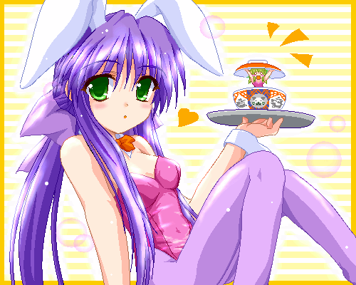 kawasumi mai, kurata sayuri, kanon, lowres, animal ears, bowl, fake animal ears, green eyes, in container, mini person, minigirl, on plate, pantyhose, plate, playboy bunny, ponytail, rabbit ears, ribbon