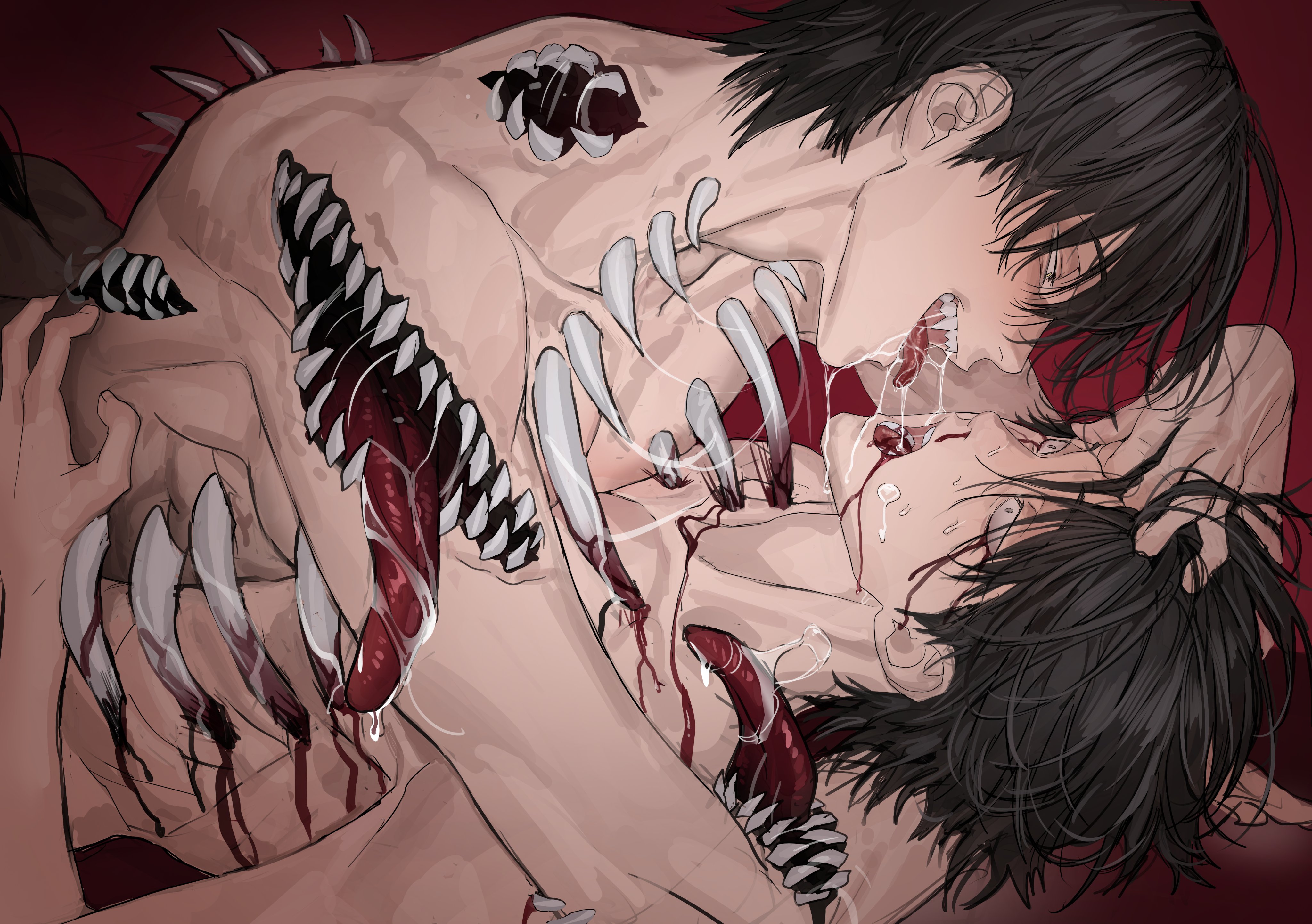 chamuring, absurdres, highres, 2boys, adam's apple, after kiss, black hair, blood, blood from mouth, collarbone, dual persona, exposed bone, extra tongue, fangs, han maru, male focus, multiple boys, nosebleed, nude, saliva, selfcest, short hair, special civil servant, teeth, tongue, tongue out, yaoi