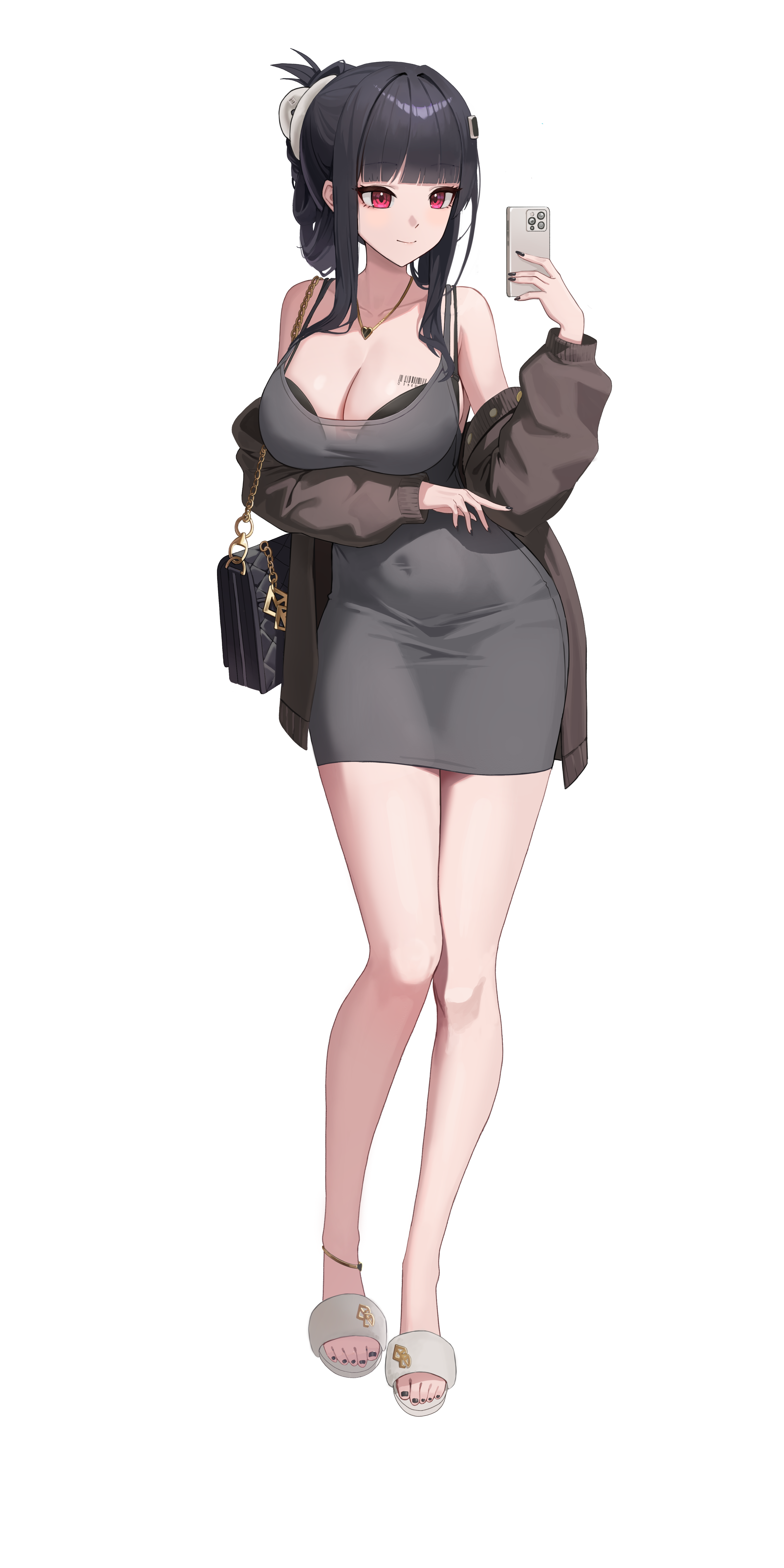 d (killer wife) (nikke), d (nikke), goddess of victory: nikke, absurdres, highres, 1girl, barcode, barcode tattoo, black bra, bra, bra peek, breast tattoo, dongtan dress, dress, full body, grey dress, heart, heart necklace, jewelry, marian (dcinside 2pjh9wlmu4du), necklace, official alternate costume, pencil dress, simple background, solo, tattoo, underwear, white background