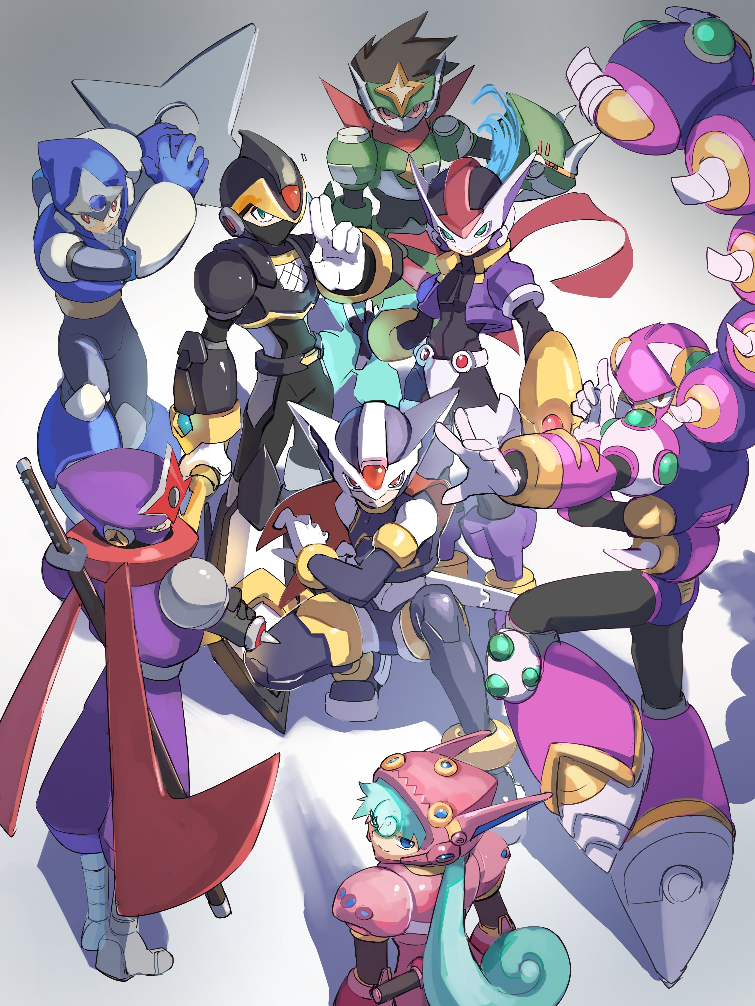 omochi (mochi skymega), hidden phantom (mega man), magna centipede (mega man), marino (mega man), model px (mega man), shadow armor x (mega man), shadow man (mega man), vent (mega man), x (mega man), mega man (classic), mega man (series), mega man battle network (series), mega man star force (series), mega man star force 2, mega man x2, mega man x6, mega man x: command mission, mega man x (series), mega man zero (series), mega man zx, absurdres, commentary request, highres, 1girl, 6+boys, armor, black armor, black helmet, blue armor, blue eyes, clenched hand, covered mouth, fishnets, full body, green eyes, green hair, group picture, helmet, holding, holding sword, holding weapon, in-franchise crossover, kuji-in, long hair, male focus, mask, mouth mask, multiple boys, ninja, pink armor, pink helmet, purple armor, purple helmet, red eyes, red scarf, scarf, shadowman.exe, shuriken, simple background, star force mega man, sword, trait connection, weapon, white background, wood ninja (mega man)
