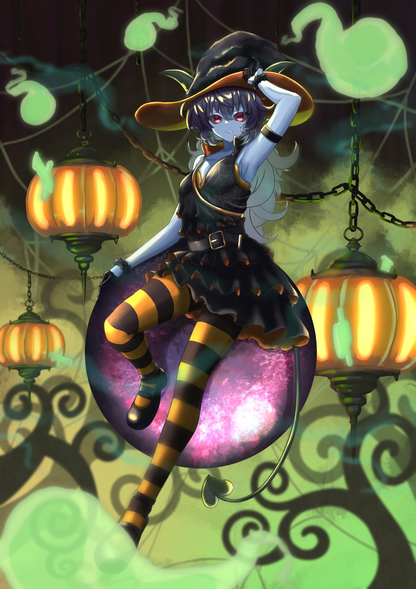 mephisto pheles (shinrabanshou), shinrabanshou, highres, 1girl, bare shoulders, black gloves, black hair, black horns, black sclera, blue skin, breasts, colored sclera, colored skin, demon girl, demon horns, ghost, ghost tail, gloves, halloween, halloween costume, happy halloween, hat, horns, horns through headwear, jack-o'-lantern, long hair, looking at viewer, pointy ears, pumpkin, red eyes, small breasts, smile, solo, striped clothes, striped thighhighs, thighhighs, vertical-striped clothes, vertical-striped thighhighs, witch, witch hat, zero pheles