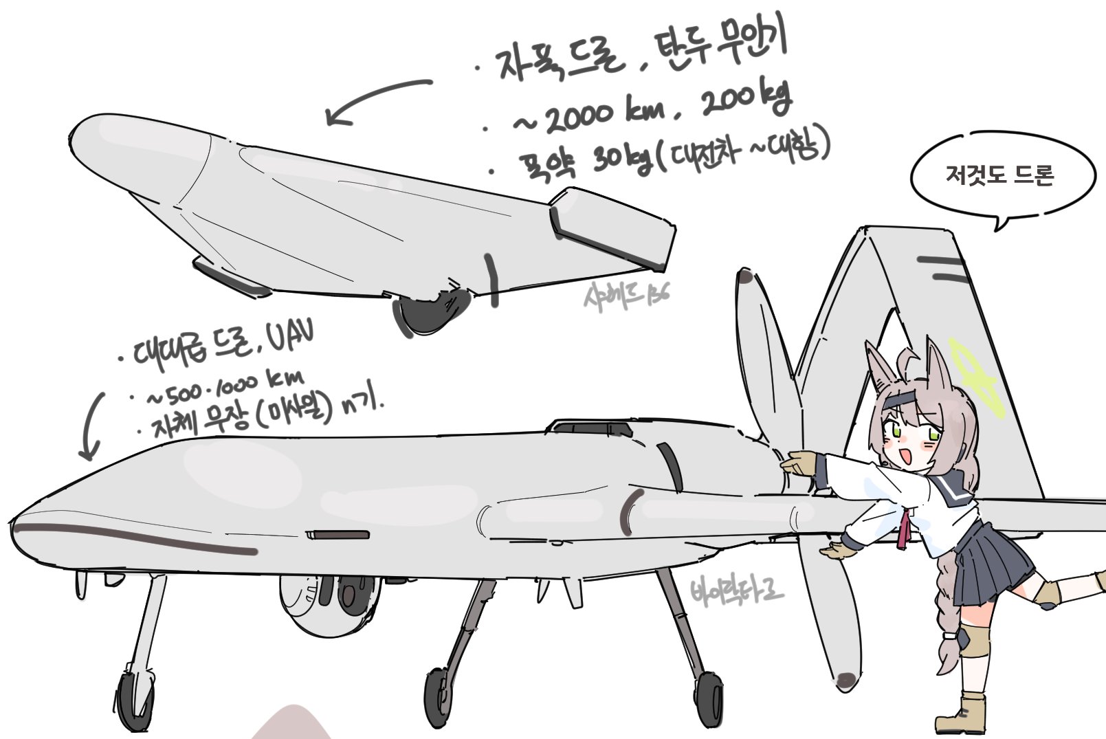 flukhan, otogi (blue archive), blue archive, commentary request, highres, korean commentary, translation request, 1girl, :d, animal ears, bayraktar, black sailor collar, black skirt, boots, braid, brown boots, brown gloves, drone, fox ears, fox girl, gloves, green eyes, green halo, grey hair, halo, knee pads, korean text, long hair, miniskirt, open mouth, pleated skirt, russo-ukrainian war, sailor collar, school uniform, serafuku, shirt, simple background, single braid, skirt, smile, solo, standing, standing on one leg, unmanned aerial vehicle, very long hair, white background, white shirt