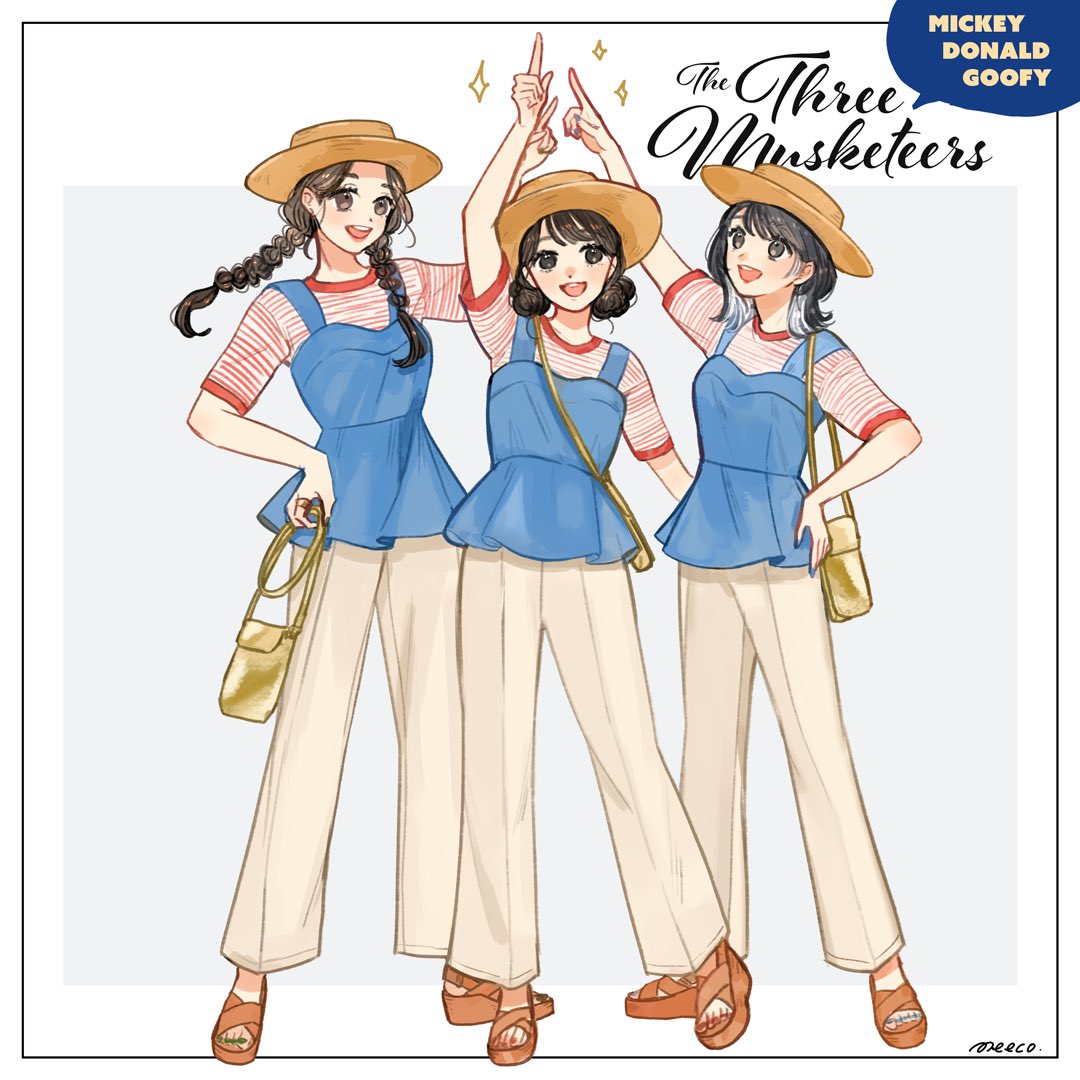meecosme, donald duck, goofy, mickey mouse, mickey mouse & friends, the three musketeers, 3girls, black hair, braid, genderswap, hair bun, hat, humanization, looking at viewer, multiple girls, open mouth, pants, sandals, shirt, short hair, smile