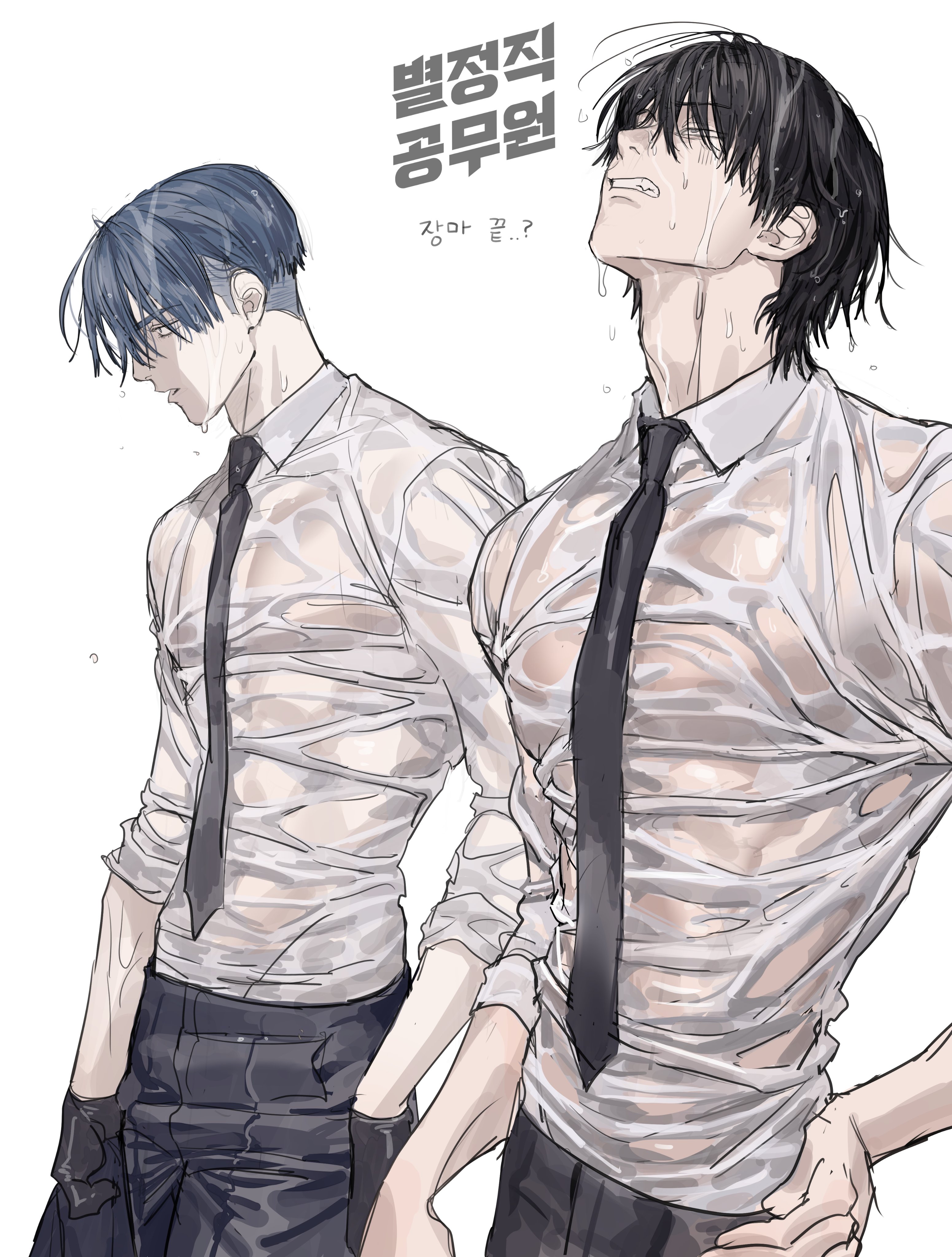 chamuring, absurdres, hashtag-only commentary, highres, translation request, 2boys, black gloves, black hair, black necktie, black pants, blue hair, closed mouth, collared shirt, covered pectorals, gloves, han maru, korean text, male focus, multiple boys, necktie, pants, pectorals, see-through clothes, see-through shirt, seon-woo eden, shirt, shirt tucked in, short hair, simple background, special civil servant, teeth, toned, toned male, undercut, wet, wet clothes, wet hair, white background, white shirt
