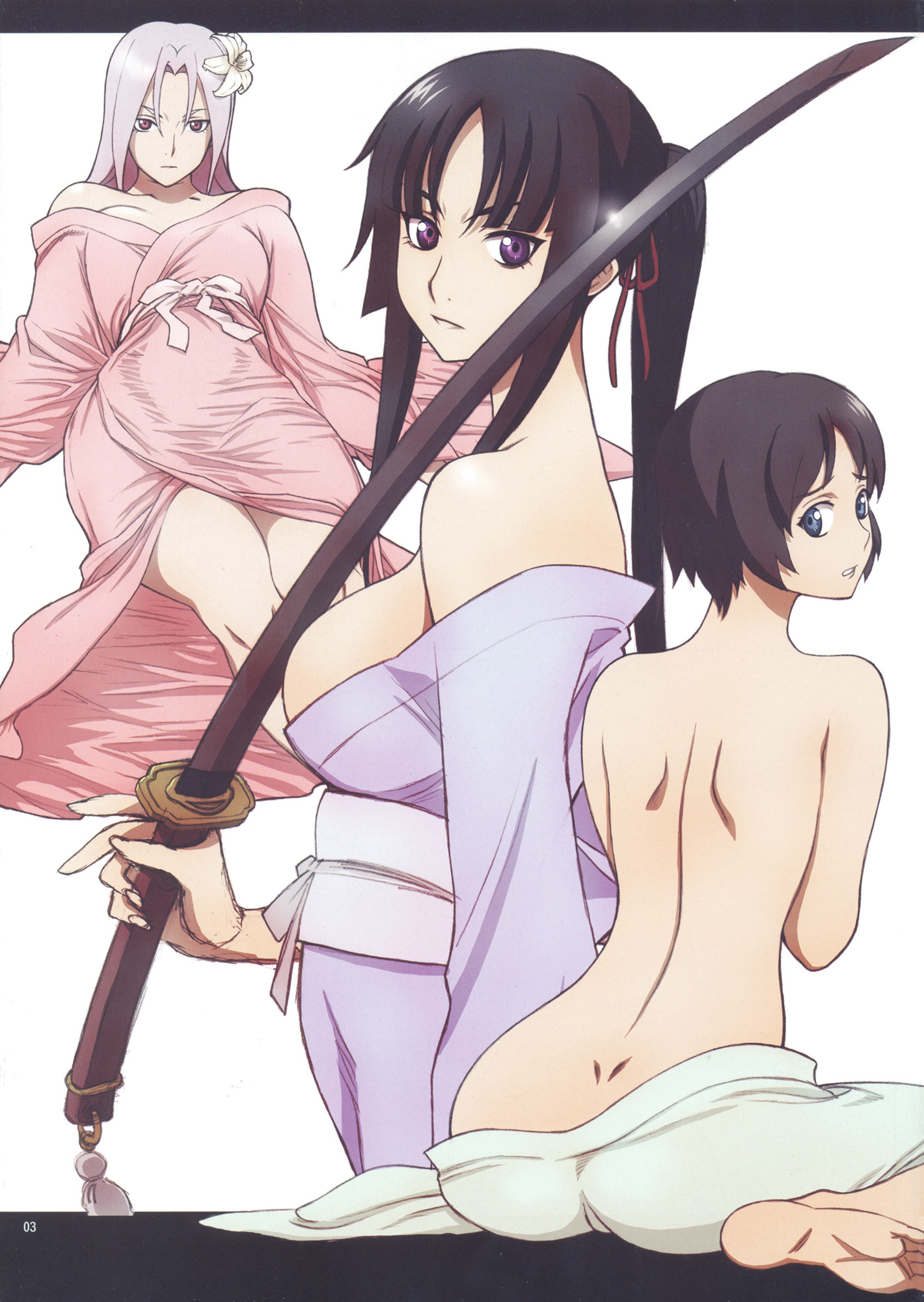isayama mei, isayama yomi, tsuchimiya kagura, ga-rei, ga-rei zero, highres, jpeg artifacts, non-web source, scan, 00s, 3girls, ass, back, bare back, bare shoulders, barefoot, black hair, blue eyes, breasts, dimples of venus, japanese clothes, kimono, large breasts, long hair, looking at viewer, looking back, multiple girls, purple eyes, purple hair, short hair, soles, sword, weapon