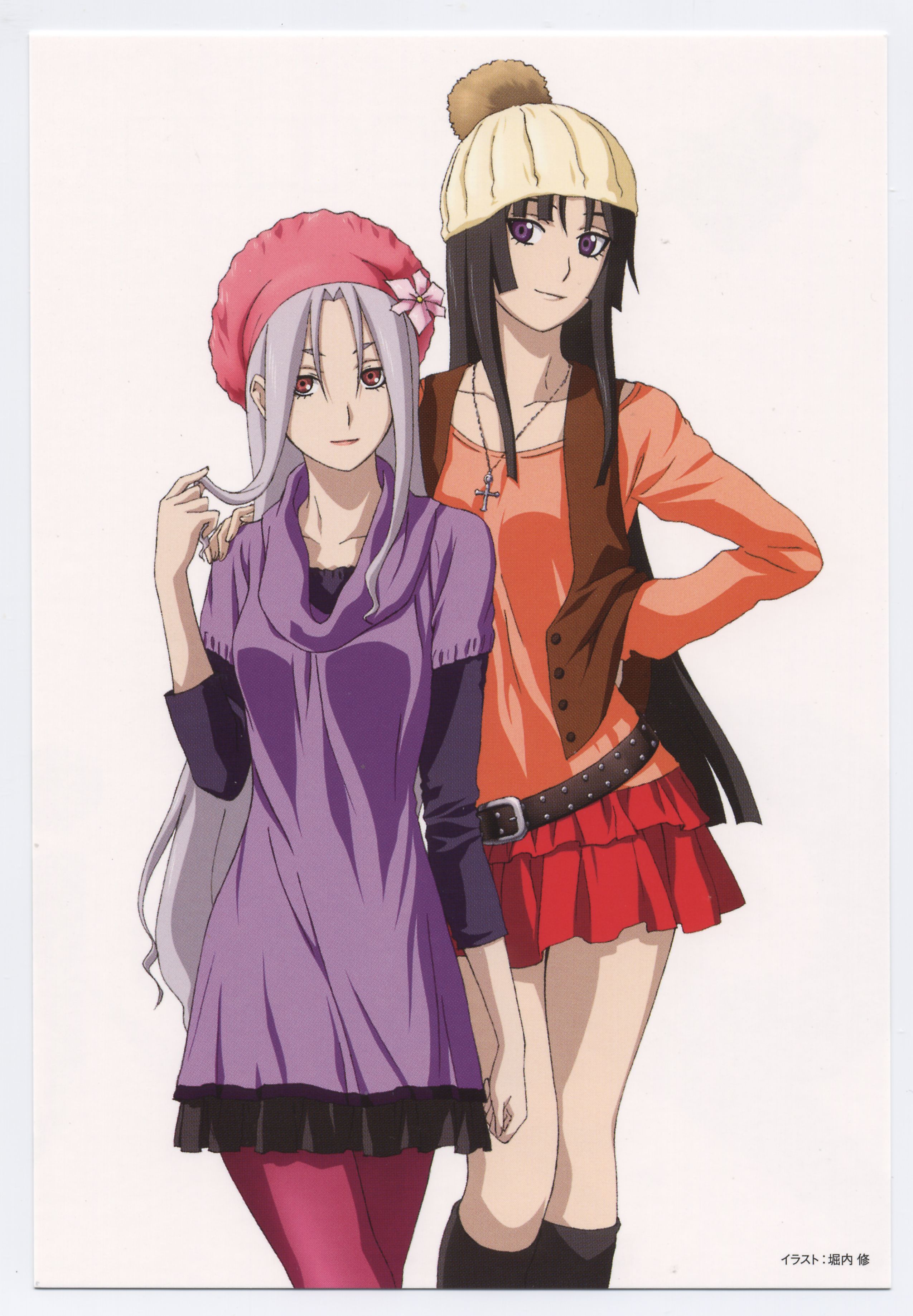 horiuchi osamu, isayama mei, isayama yomi, ga-rei, ga-rei zero, silver hair, absurdres, highres, jpeg artifacts, scan, 00s, 2girls, belt, black hair, blunt bangs, boots, cross, cross necklace, flower, hat, hime cut, jewelry, long hair, looking at viewer, multiple girls, necklace, pantyhose, purple eyes, red eyes, simple background, v, very long hair, white background